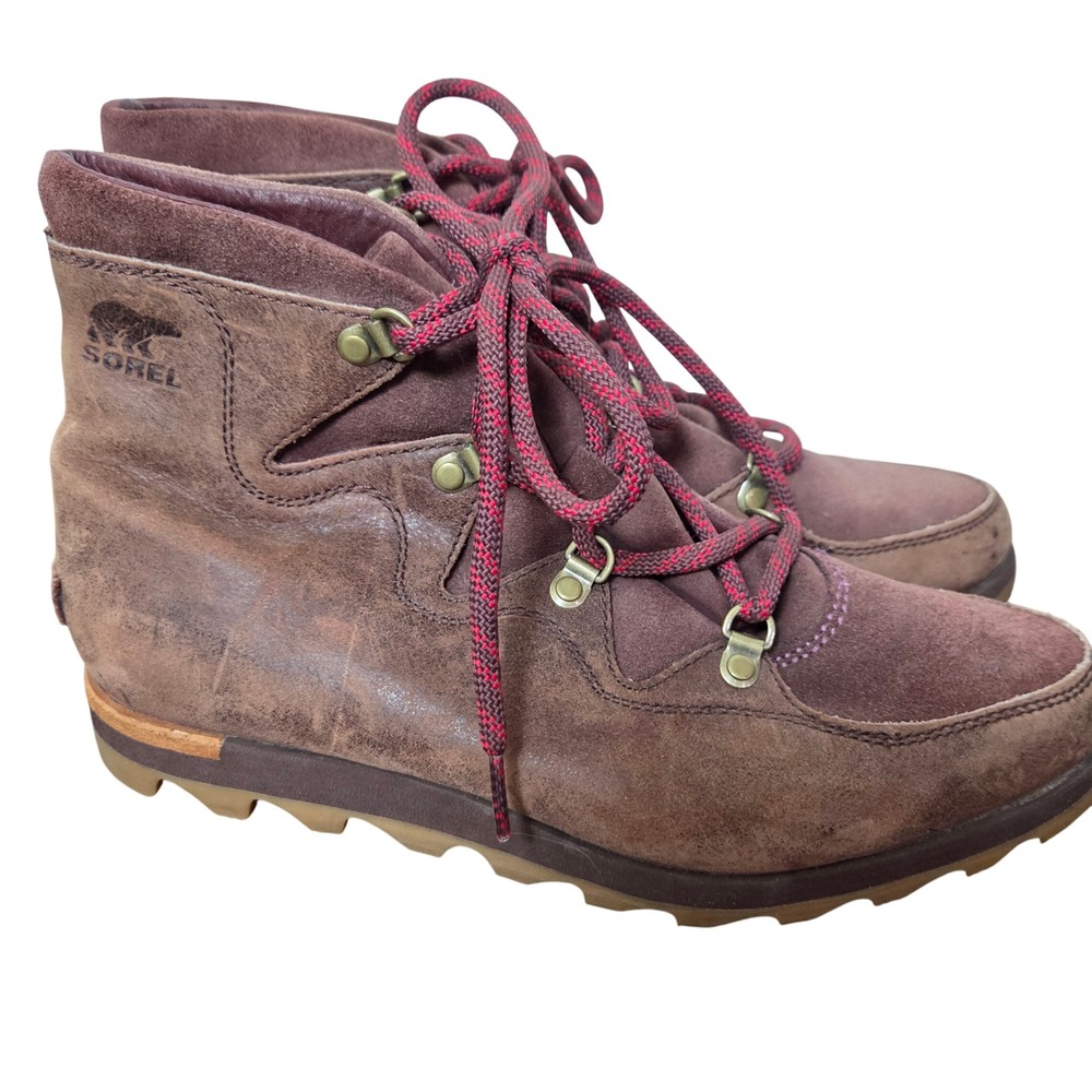 Sorel brown leather red lace ankle boots‎ womens size 10 Winter boots